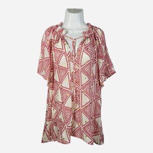 Alex & Parker 3X Pink Geometric Print Blouse Gold Polka Dot Tie Neck Boho Top